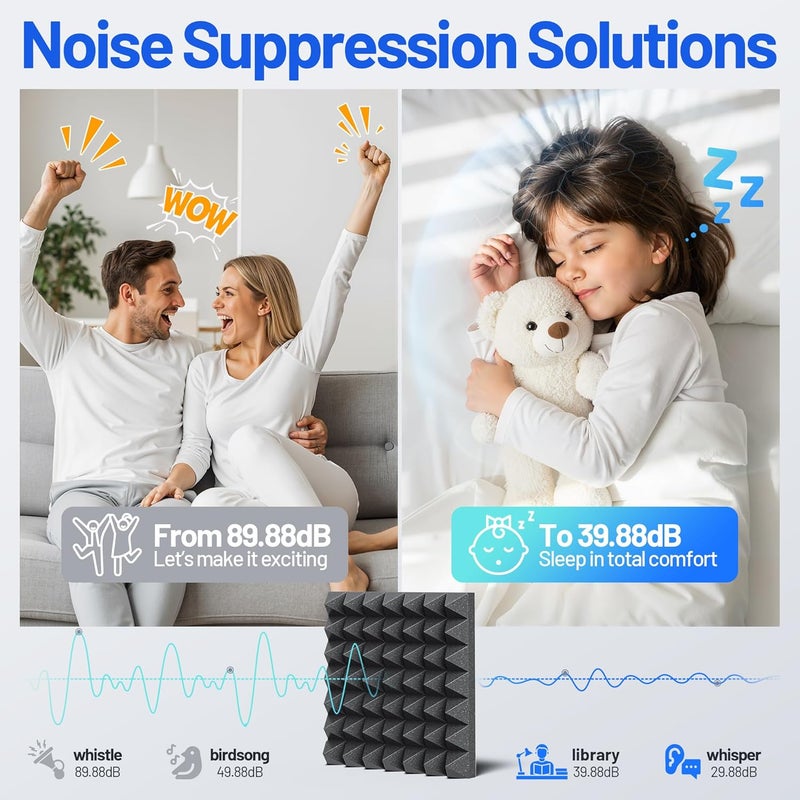 ZonaSonic 48 Pack Pyramid Sound Proof Foam Panels for Walls with Updated Self-Adhesive 2"X12"X12" High Density Acoustic Panels Sound Absorbing Fast-Expanding Soundproof Wall Panels for Gaming Studio Decor-Black - Image 2